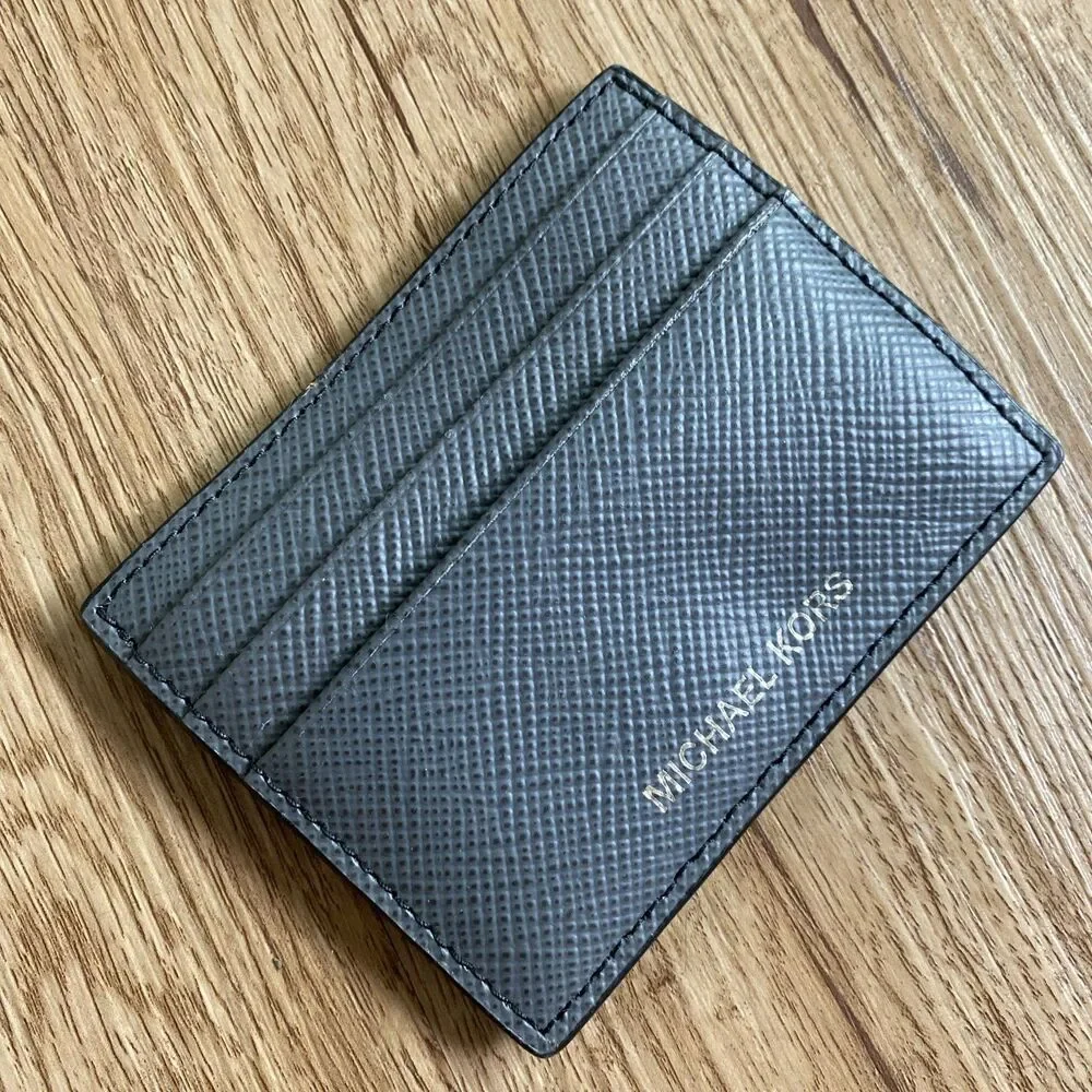 New Michael Kors Grey Pebbled Leather Slim Card Holder Wallet - 7 Slots